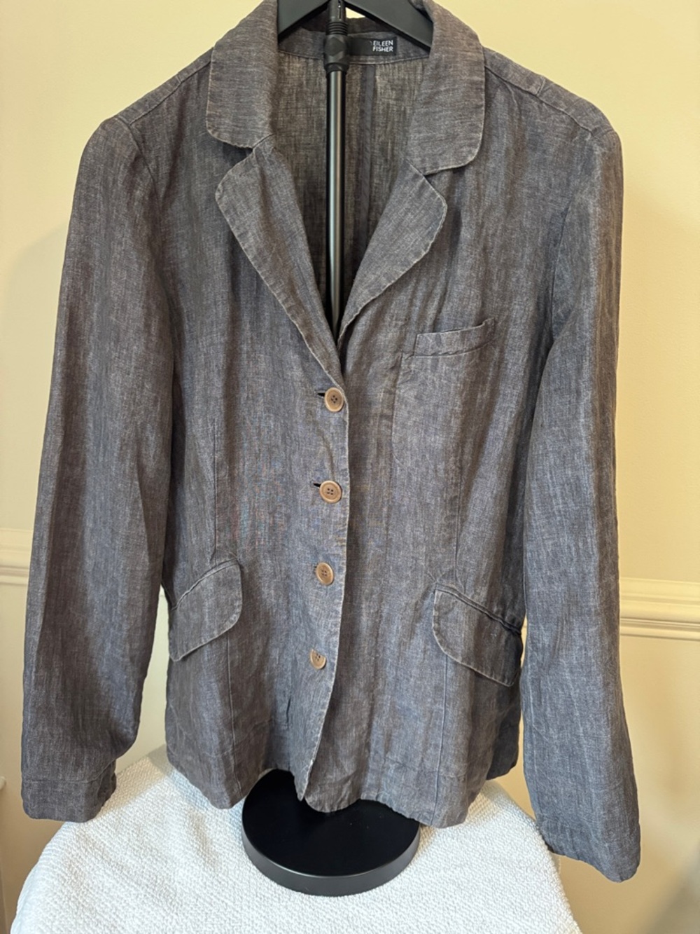 Eileen Fisher Slate Gray Linen-Blend Notch Collar Blazer